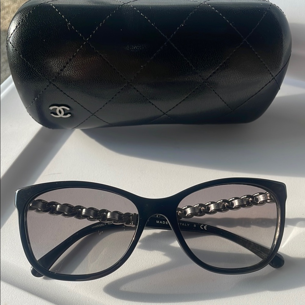 CHANEL Black Rectangular Sunglasses with Quilted Case